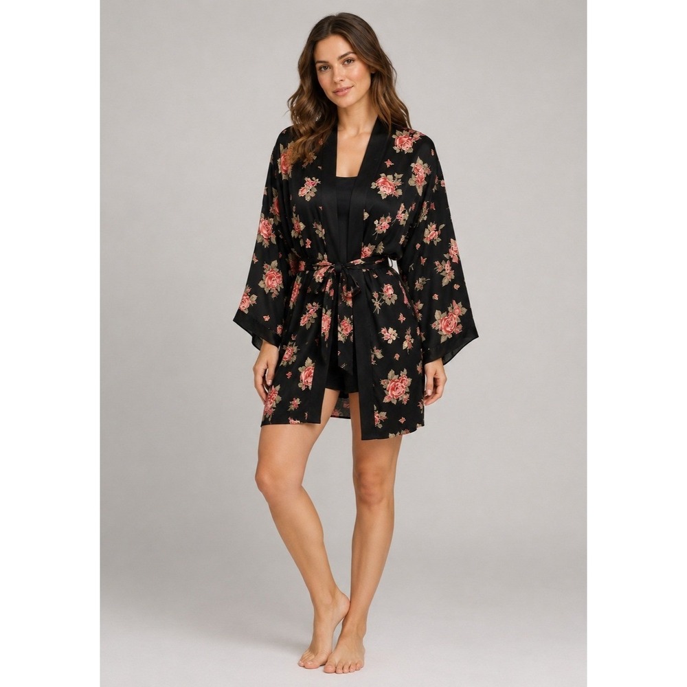Vintage Honors Intimates Robe Womens Small Black Polyester Romantic Rose Print